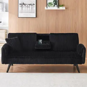 72” Corduroy Futon Sofa Bed with Pillows, Modern Convertible Futon Couch with 2 Cup Holders& Metal Legs for Small Spaces Living Room, Solid Wood Frame (Black)