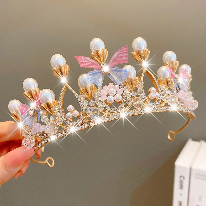 Tiara Butterfly Princess Crown Gold Pearl Headband Rhinestone Hairpiece Costume Headpiece for Wedding Bridal Prom Birthday Party Cosplay Bridal Hair Accessories
