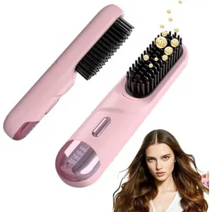 Numoya 2Pcs GoBrush Pro 2025 Cordless Ceramic Hair Straightener Comb, Lightweight Portable Travel Tool for Short Hair, 9 Adjustable Temp Settings, 9600mAh Rechargeable Battery, Fast Heating, Auto Off Safe, Storage-Friendly (Pink) Dual-Temperature Curler