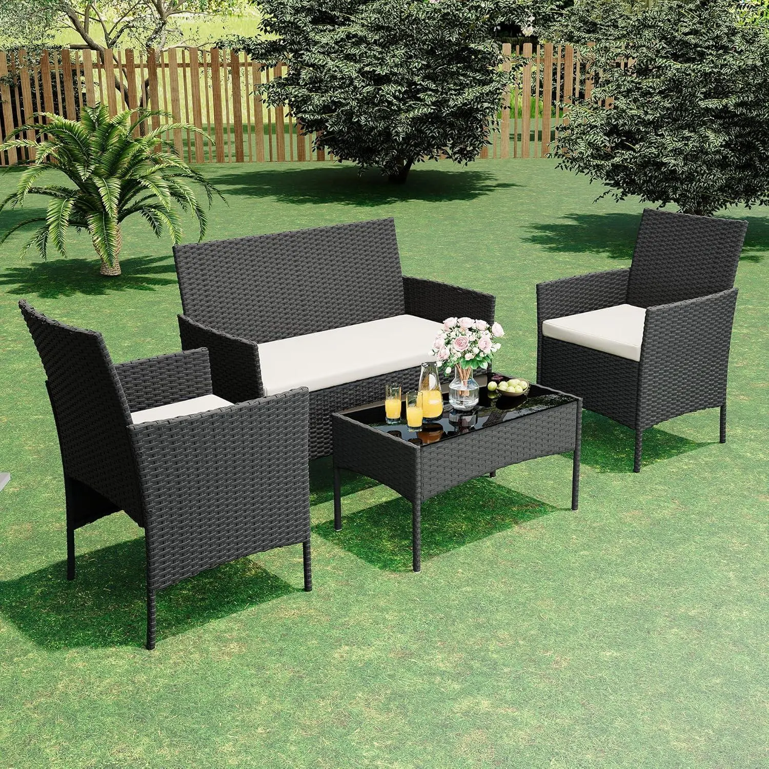 Gaomon Sturdy 4-Piece Outdoor Patio Set - 2 Chairs, 1 Loveseat, 1 Tempered Glass Coffee Table, UV-Resistant Weave, Bistro-Inspired Design, Easy Assembly, Indoor/Outdoor Multifunction, Ideal for Front Porch, Balcony