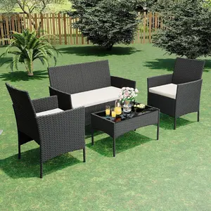 Wicker Rattan 4 Piece Patio Furniture Set with 2 Chairs, 1 Loveseat & 1 Coffee Table for Outdoor Use - Ideal for Front Porch Balcony Bistro Lounge