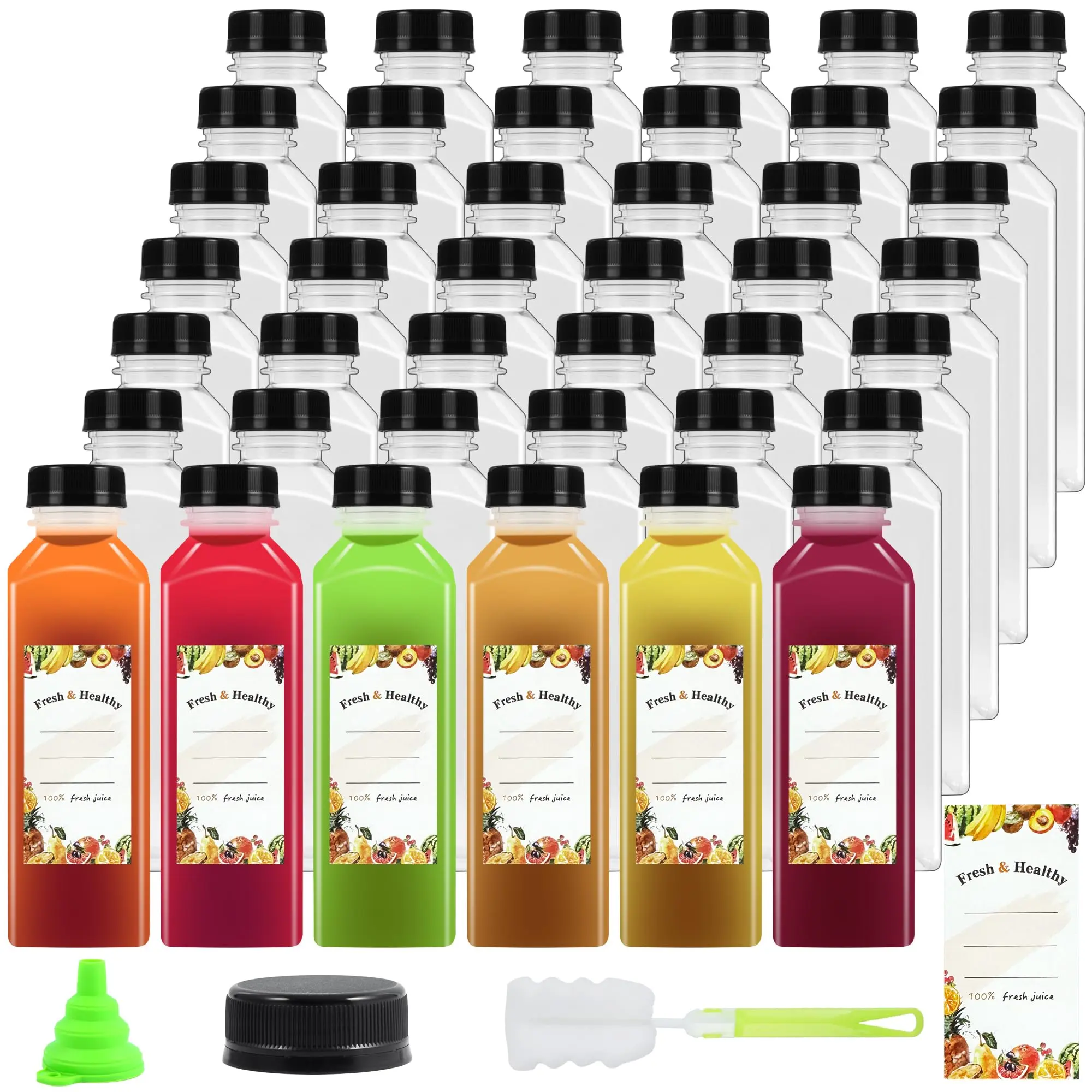36pcs 16 oz Clear Plastic Bottles with Airtight Lids Reusable Food-Grade PET Containers for Juice Milk & More Includes Funnel Sponge Brush & Waterproof Labels