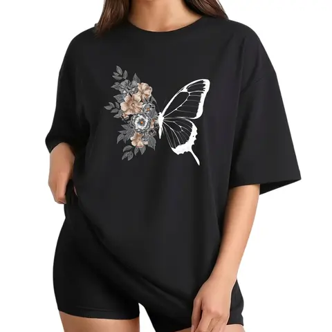 Women'S Comfortable T-Shirt |   Monochrome Butterfly and Floral Wings Design, Casual Round Neck, Short Sleeve, Machine Washable, Black, Soft, Skin-Friendly, Unisex Clothing