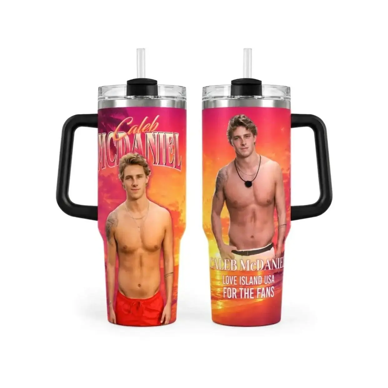 Caleb Love USA Tumbler, 30oz 40oz Reality TV Fan Cup With Handle, Sunset Beach Heartthrob Poster Drinkware, Fan Girl Gift, No Straw Bottle Portable