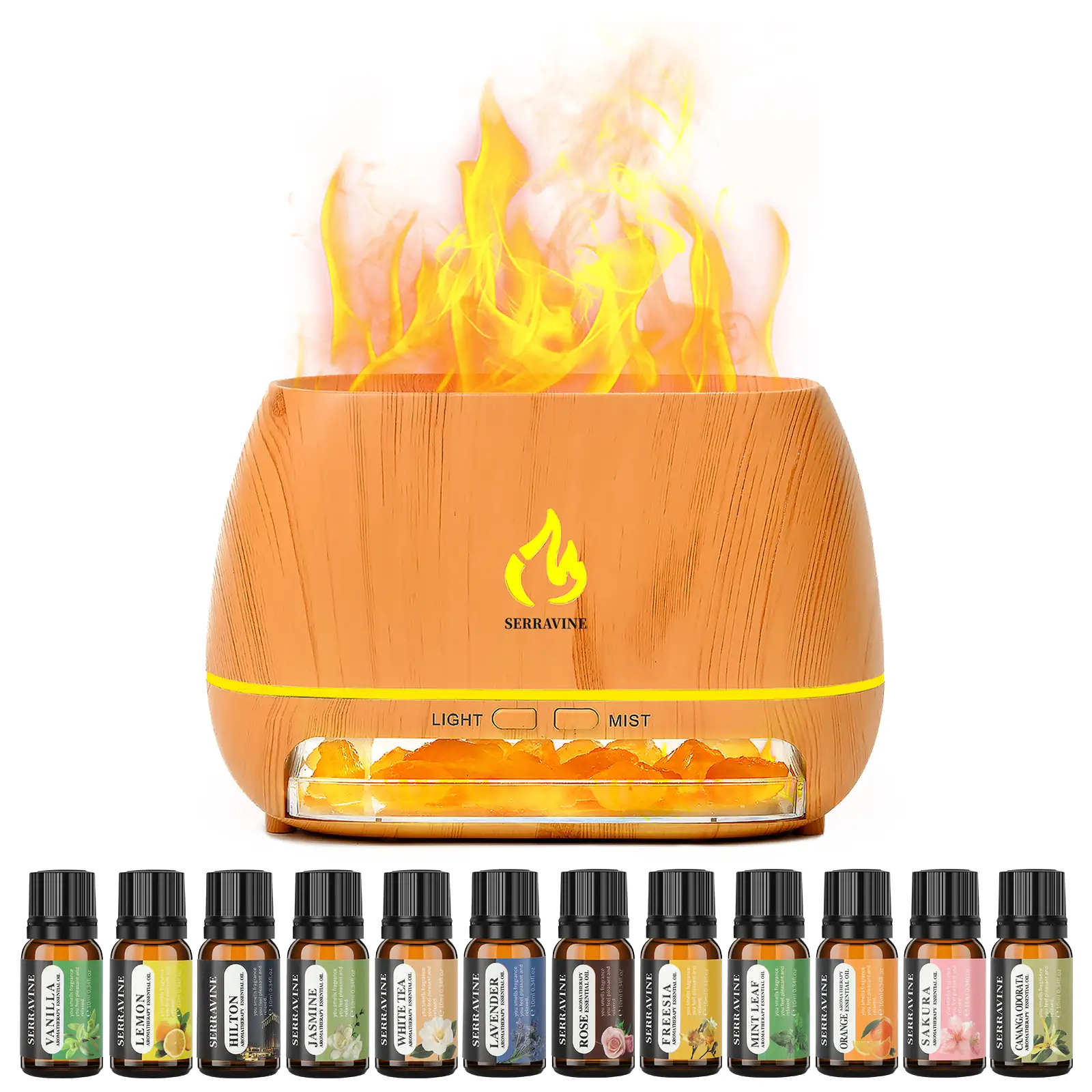 Serravine Ultrasonic Essential Oil Diffuser Set with 12 Best Aromatherapy Oils, Gift Box & Bag, Himalayan Salt Lamp Diffuser，Cool Mist Humidifier for