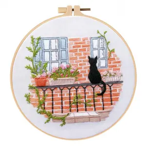 Cat Embroidery Kit DIY Needlework Craft Materials with Scenic Design English Stitch Guide for Beginners Home Art Cute Stitching Project