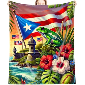 Puerto Rico Pride Flannel Throw Blanket - Bright Frog and Flag Pattern, Soft Sofa or Bed Blanket, Machine Washable