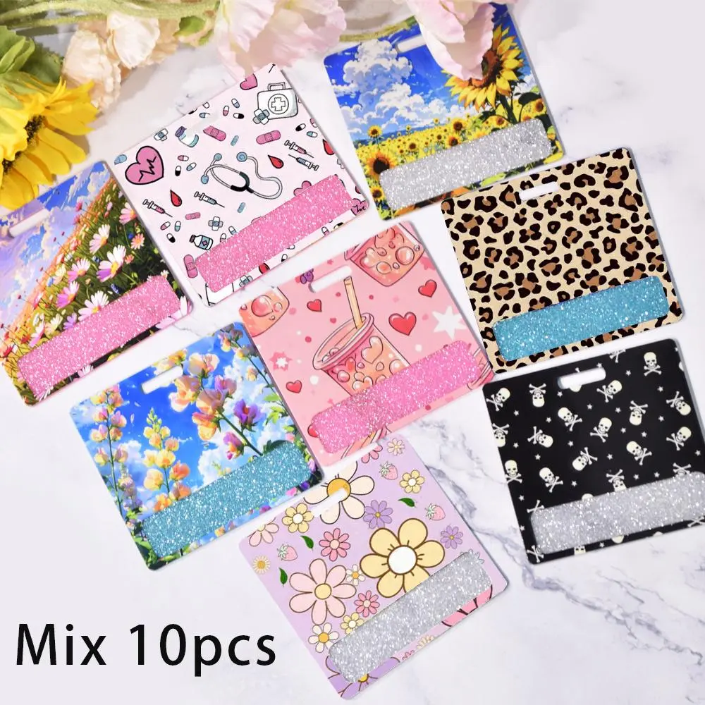 Cartoon Mix 10pcs Glitter Acrylic Printed Badge Buddy Mixing Different Styles of Printed Patterns Name Tag Badge Id Holder Sprinkle Badge Buddy For DIY handicrafts Name Tags With Clips