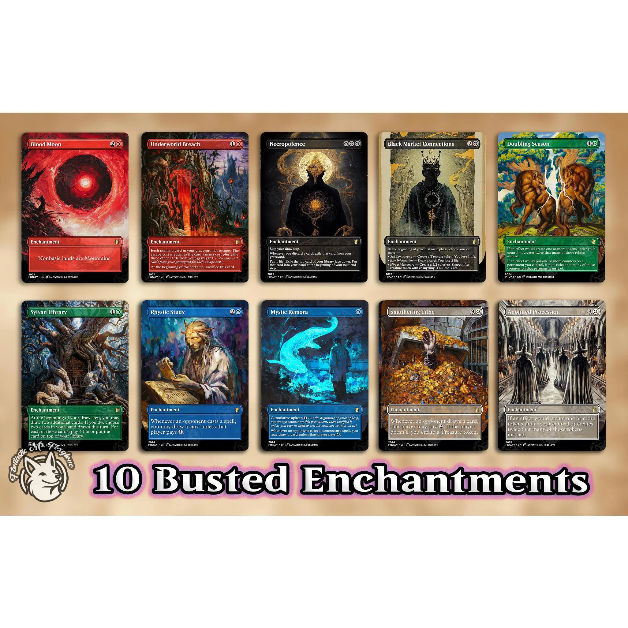 10 Busted Enchantments | Proxy Cards — Rhystic Study, Smothering Tithe, Doubling Season +can Add Procession, Remora, Breach, Necro & More!