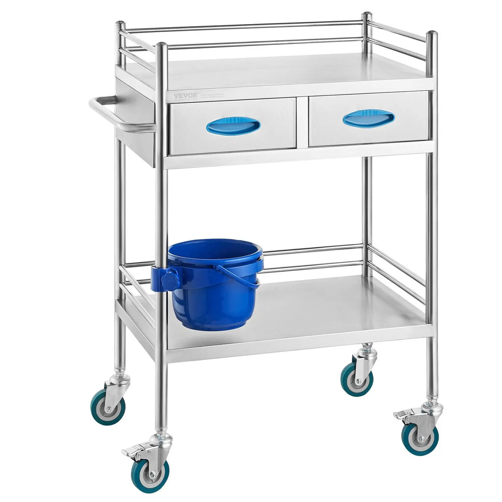 【summerfinds】VEVOR Lab Serving Cart, 2 Layers Stainless Steel Utility Rolling Cart, Medical Cart with Two Drawers, Dental Utility Cart with Lockable Wheels and A Bucket, for Laboratory, Hospital, Dental Use