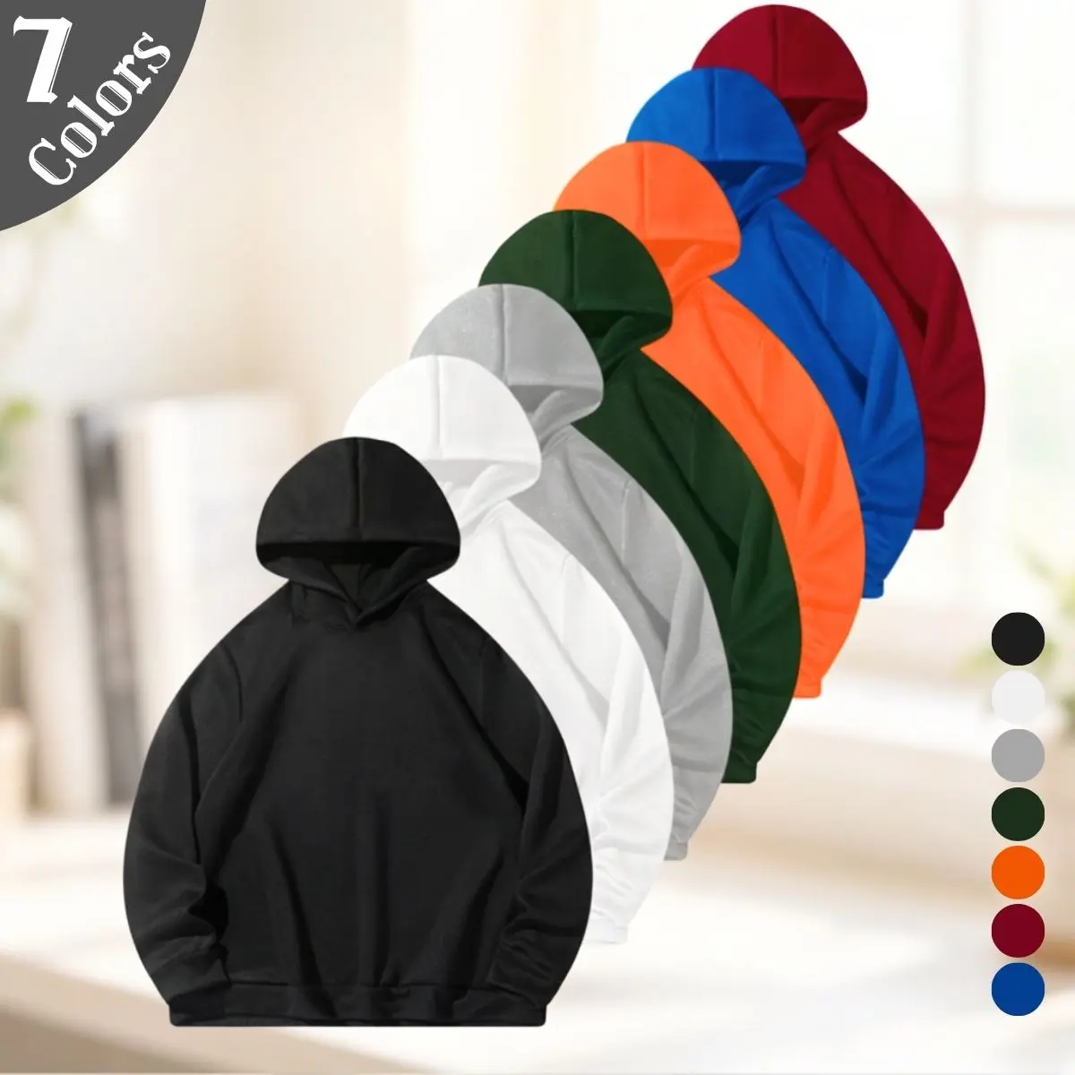 Men's Casual Plain Pullover Hoodie, Long Sleeve Sweatshirt with Kangaroo Pocket, Beige Standard Cut Male Clothing, None