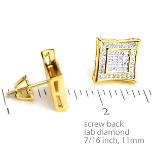 Men's 14K Gold Plated Square Kite 2 Toned Screw Back Stud Earrings
