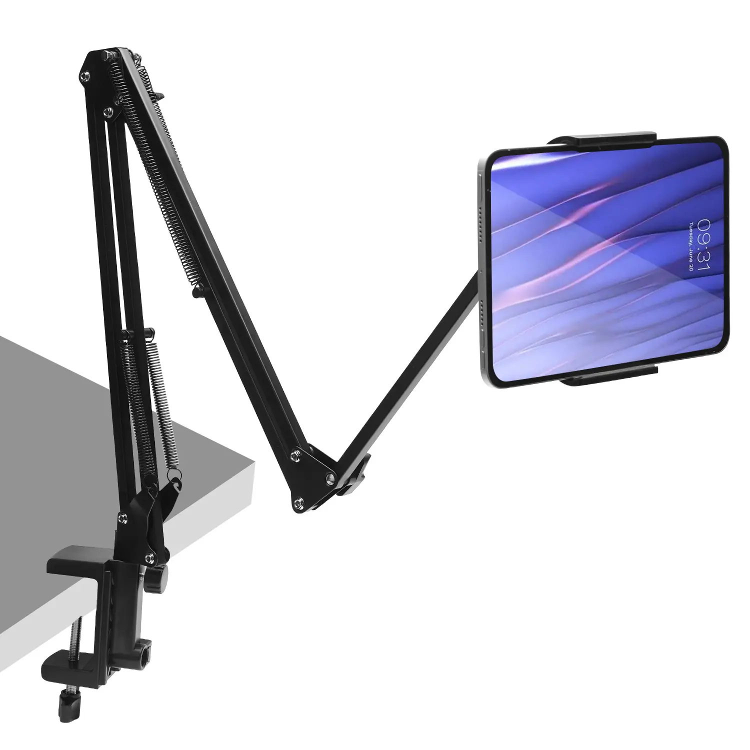Metal Cantilever Tablet Phone Holder, Fully Adjustable Clamp Mount Lazy Bed Desk Stand, Foldable 360 Rotation Extendable Phone Tablet Stand for Bed Kitchen Office Reading Gaming