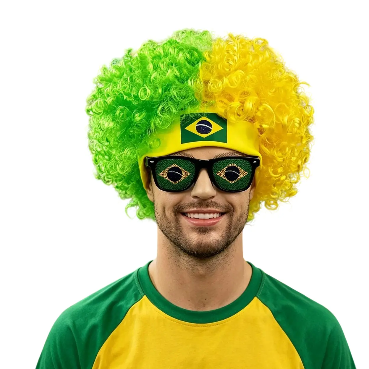 2026 new 2Pcs Brazil National Flag Fan Costume Accessory Set, Green Yellow Fluffy Afro Curly Wig Flag Headband & Brazil Flag Graphic Lens Sunglasses, Adult Cheer Accessory Kit Celebrating Brazil's victory,summerwins