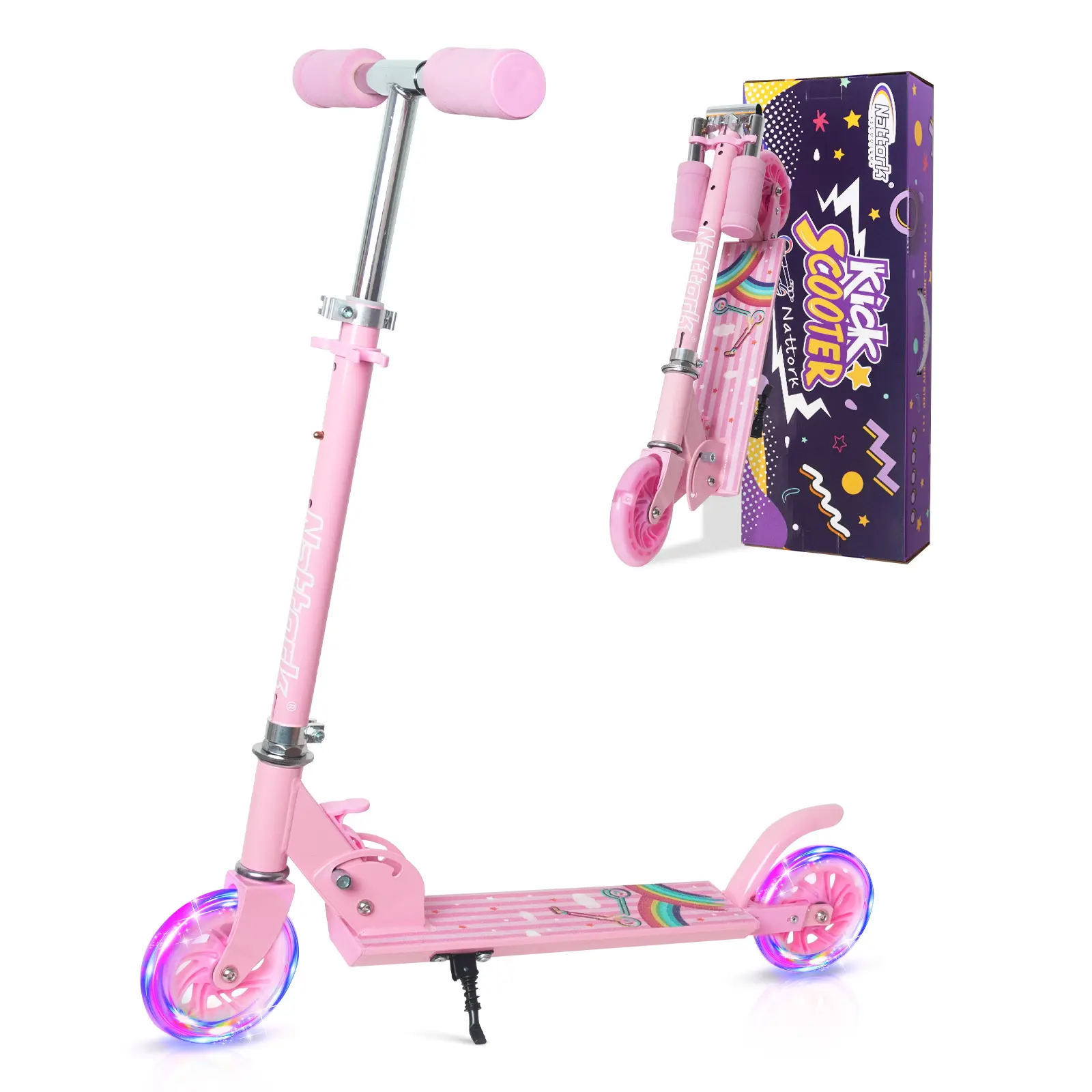 Nattork 3-Wheel Kick Scooter for Kids, Pink Rainbow Portable Folding Design with Adjustable Height and Cool Light-Up Wheels for Outdoor Play, Portable Folding Scooter, Lightweight & Sturdy