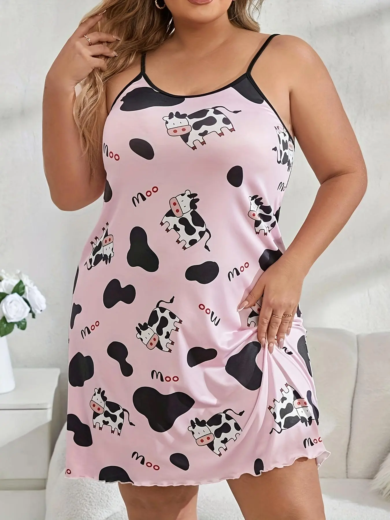 Plus Size Women's Cartoon Cow & Letter Print Cami Loungewear Nightdress, Loose  Casual Soft Comfortable Spaghetti Strap Backless Sleeveless Nightgown for Women, Women's Sleepwear for All Seasons Nightdress Pj
