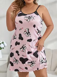 Plus Size Women's Cartoon Cow & Letter Print Cami Nightdress, Loose  Casual Soft Comfortable Spaghetti Strap Backless Sleeveless Nightgown for Women, Women's Sleepwear for All Seasons