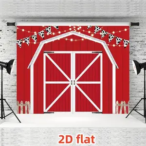 1pc 2D Flat Red Barn Door Backdrop - Durable Polyester Rustic Farmhouse Photography Background, Includes Barn Door, Checkered Flags & Lanterns - For Birthday Parties, Photo Shoots