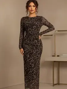 Women's Leopard Print Ruched Bodycon Fit Knit Dress, Chic Elegant Long Sleeve Round Neck Evening Dress for Party Holiday Wedding Guest, Ladies Spring & Fall Clothes, Womenswear