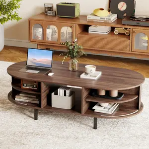 COSTWAY Oval/Round Coffee Table, Modern Wood Coffee Table with Solid Wooden Pedestal Base Frame, Accent Circular Center Table, Mid Century Modern Living Room Table with Sliding Tambour Doors, Hidden Storage & Open Compartment, Black & Walnut