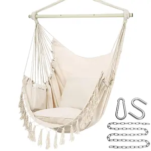 Hammock Swing Chair for Indoor & Outdoor, Large Swing Chair With 2 Cushions and Side Pocket, Iron Telescopic Rod, Comfortable Indoor Outdoor Hanging Seat for Adults & Kids, Backyard, Porch, Deck & Indoor Bedroom Use,