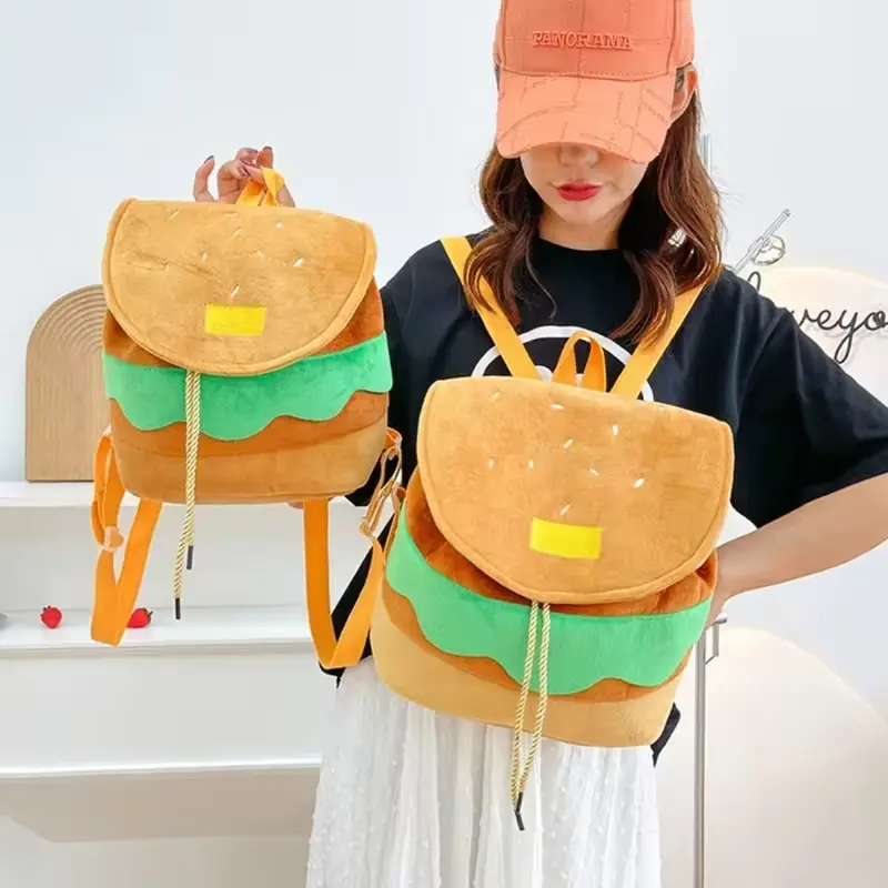 Large Capacity Plush Backpacks Lovely Cartoon Hamburger Backpack Drawstring School Bag Travel Backpack for Students