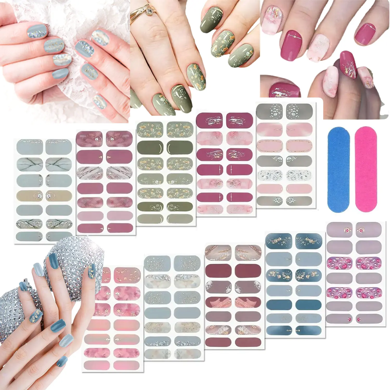 10 Sheets 140Pcs Full Wrap Nail Stickers, Gradient Glitter Self-Adhesive Nail Polish Strips, DIY Waterproof Nail Art Decals with 2Pcs Nail Files for Holiday Daily Nail Decoration
