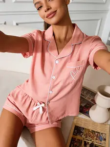 Women's Cardigan Sleepwear Two-Piece Set Short Sleeve Shorts, Coral Simple Style Heart Embroidery, Loose Fit Casual Home Wear Pajama Set, Loungewear, Pyjamas, Pjs