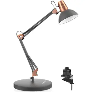 LOWER Metal Desk Lamp, Adjustable Goose Neck Architect Table Lamp with On/Off Switch, Swing Arm Desk Lamp with Clamp, Eye-Caring Reading Lamp for Bedroom, Study Room &Office (Sandy Black)