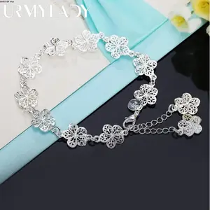 Women's Silver-Plated Clover Charm Bracelet - Filigree Flower Chain, Adjustable Lucky Everyday Jewelry