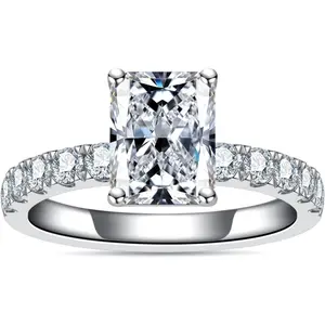 3CT Emerald Cut Moissanite Engagement Ring, S925 Silver 4-Prong Solitaire with Full Pave Side Stones, Luxury Statement Promise Ring queen ring