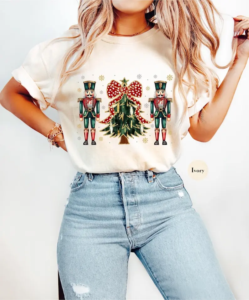 Glitter Nutcracker Tree Comfort Colors Tshirt, Retro Pink Nutcracker Christmas Shirt, Christmas Party Graphic Tees, Matching Christmas Shirt