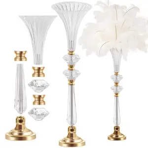 2 high crystal acrylic vases, 23.6 large clear decorative small vase, ribbed wedding stand, table/floor vase for bridal shower and dining room, home decor