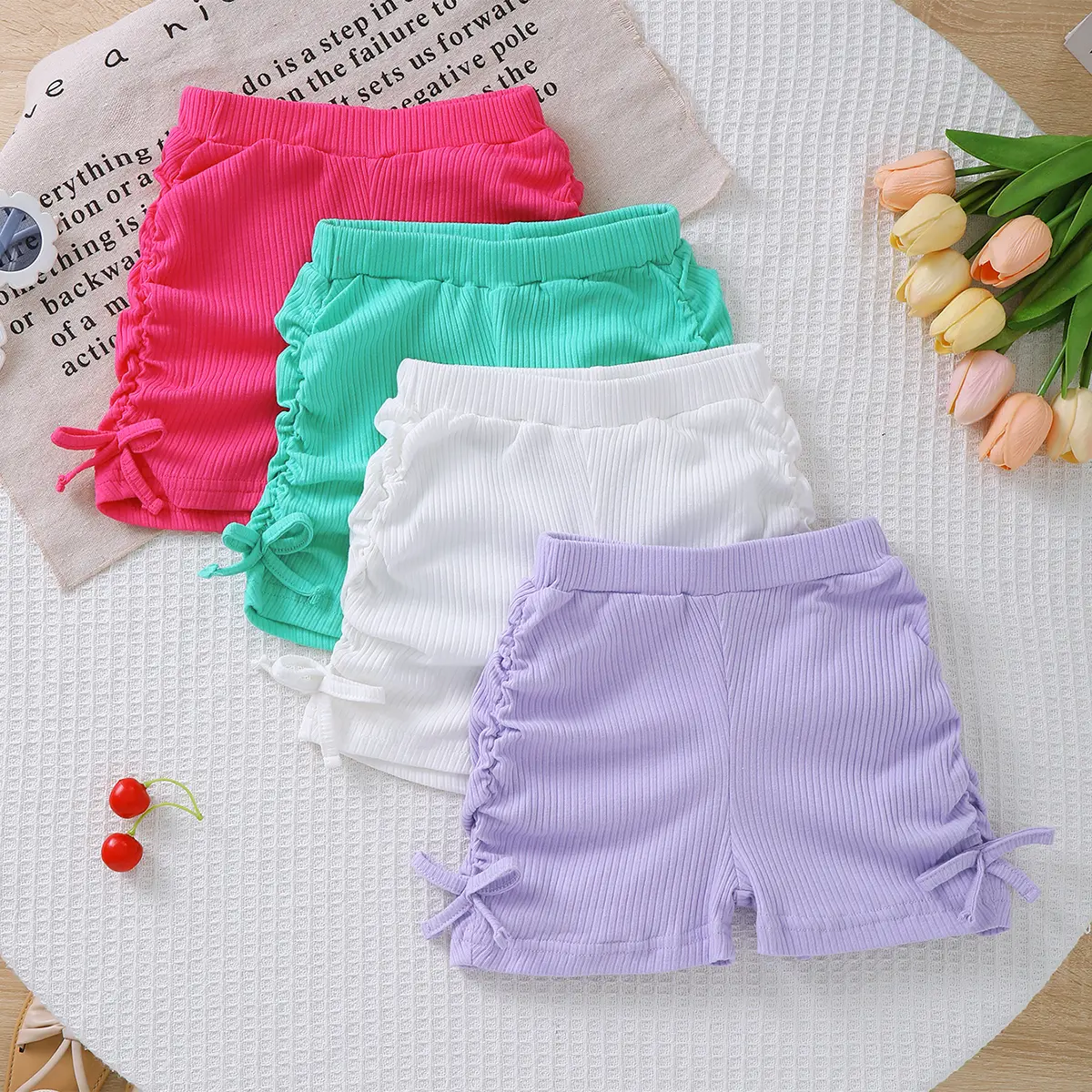 Baby Girls' Basic Ruffle Shorts 4-Pack - Cozy Kids' Clothing, Stretchy Elastic Band Waist, Plain Bottoms, Bow Accent, DIY Embroidery, Toddler Style Casual Play Bottoms (18M-6T) for Newborn Photos