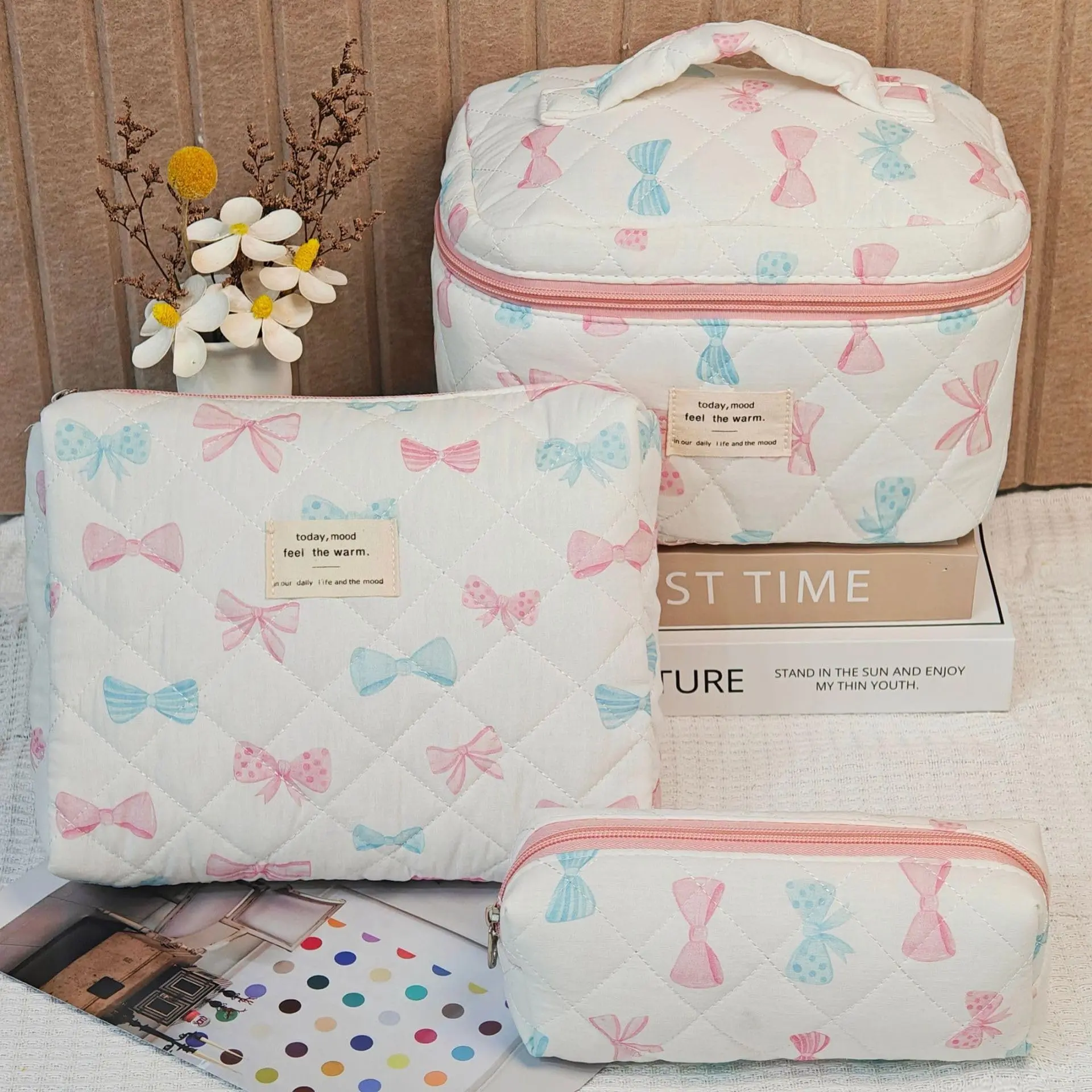 Pastel Bow Heart Quilted Makeup Bag Set , Chic Multi Size Portable Zipper Cosmetic Organizer Pouches , Cute Makeup Storage for Cosmetics & Travel Essentials, Ideal Sweet Teen Girl Gift