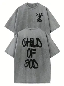 Vintage Child Of God Graffiti Christian T-Shirt, Washed Gray Cotton Oversized Short Sleeve Tee, Retro Faith Casual Crewneck Shirt Front & Back Print
