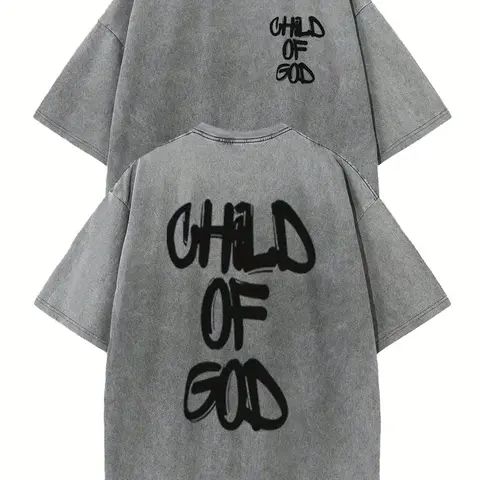 Vintage Child Of God Graffiti Christian T-Shirt, Washed Gray Cotton Oversized Short Sleeve Tee, Retro Faith Casual Crewneck Shirt Front & Back Print
