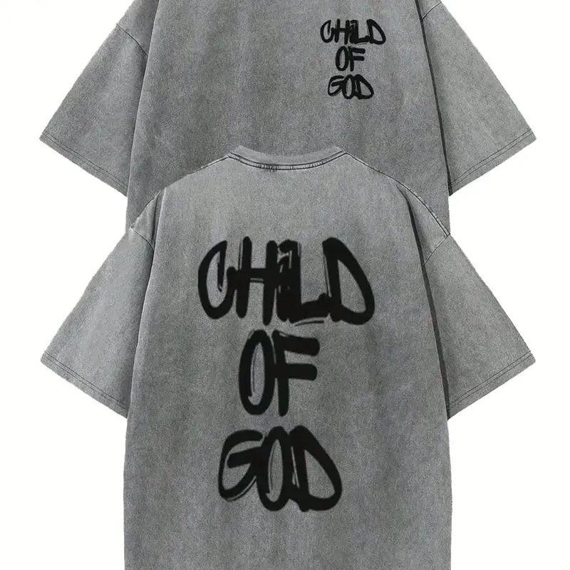 Vintage Child Of God Graffiti Christian T-Shirt, Washed Gray Cotton Oversized Short Sleeve Tee, Retro Faith Casual Crewneck Shirt Front & Back Print