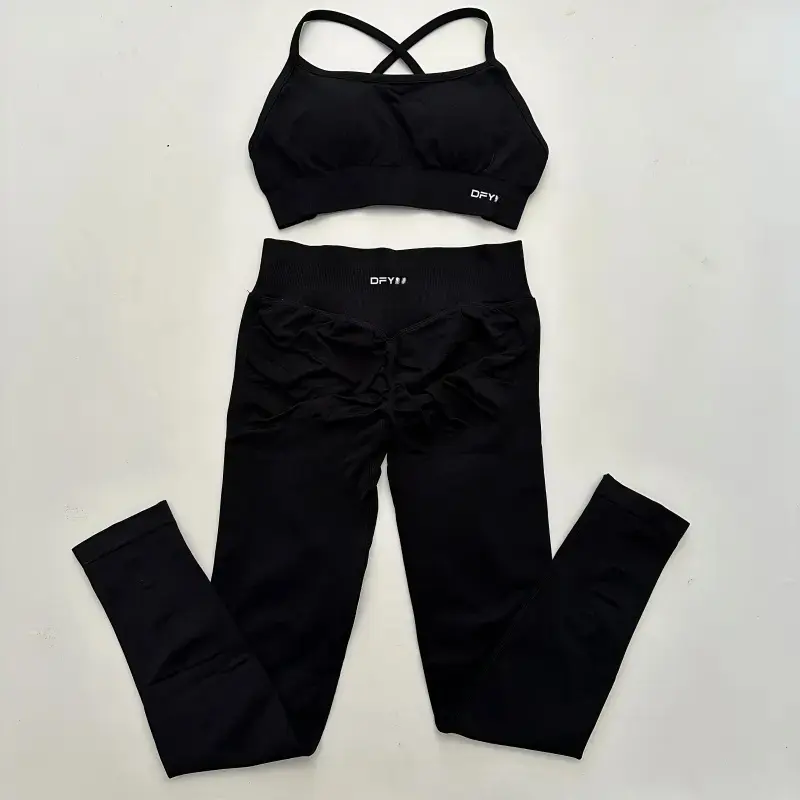 Women's Solid Sports Sets, 2-Piece Ribbed Activewear Matching Gym Set with Backless Bra and High-Waist Leggings