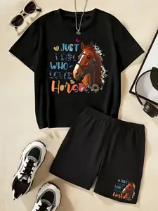 Just A Girl Who Loves Horses T-Shirt Set, A Children's Trendy Short-Sleeved Short-Pants Two-Piece Outfit, Featuring Unique, Casual, Fashionable, Comfortable And Versatile Style, Ideal For Daily Wear And A Great Gift Choice