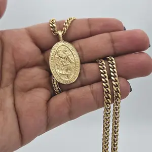 Gold St Christopher Necklace, Medium Sized, 14k Heavy Plated Gold, Known for Traveling Mercies, 4mm Curb Chain, Men's Necklace