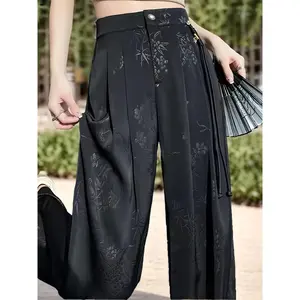 (New)NewWomen's Elegant Floral Print Wide-Leg Pants - High Waist, Loose Fit, Machine Washable, Spring and Autumn Black Nylon Blend Can be used with raincoat(Gift)11