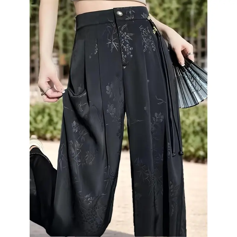 NewWomen's Elegant Floral Print Wide-Leg Pants - High Waist, Loose Fit, Machine Washable, Spring and Autumn Black Nylon Blend Can be used with raincoat11