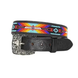 Men’s Western Leather Belt – Colorful Beaded Design with Silver Buckle for Cowboy Style