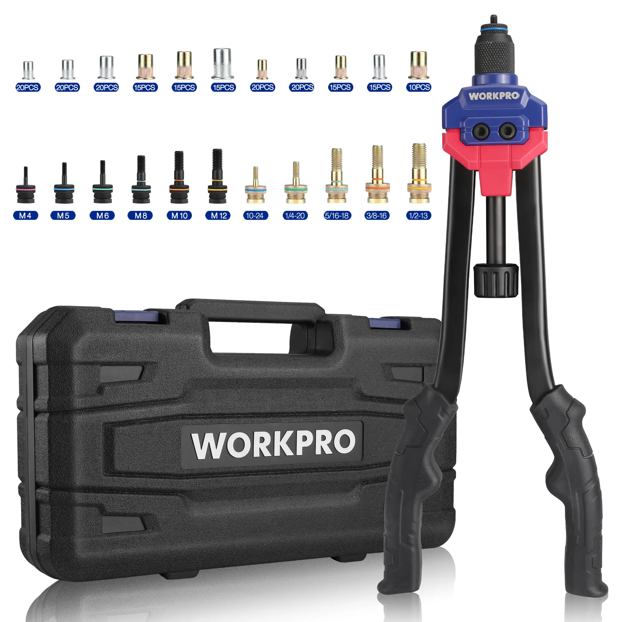 #fathersdaygift WORKPRO 16" Rivet Nut Tool, Nutsert Rivnut Tool Kit with 11 Metric and SAE Mandrels, 185pcs Rivnuts Assortment Kit with Carrying Case, Ideal for Sheet Metal & Automotive Work