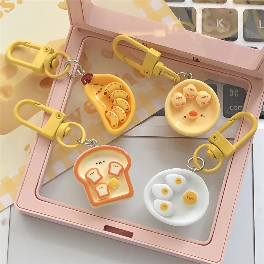 4 / 20 Pieces Cute Breakfast Food Charm Keychains - Alloy and Resin, Cartoon Style Simulated Food Pendant with Lobster Clasp - Great for Backpacks and Couples Gifts, Keychain for Bags, Keychain Set, Keychain Accessories