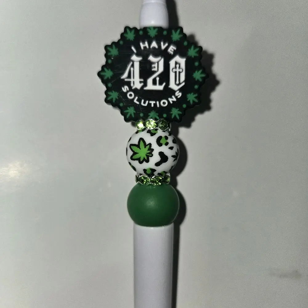 420 Solutions Pen Topper with Green and White Design and Green Bead