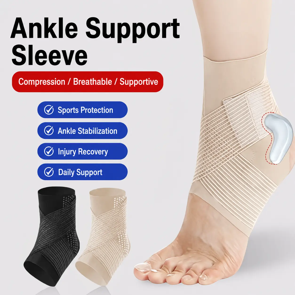 Ankle Support Sleeve, Ultra-Thin Adjustable with Silicone Grip, Lightweight Breathable Compression Wrap for Running, Fitness Training, Black L/XL