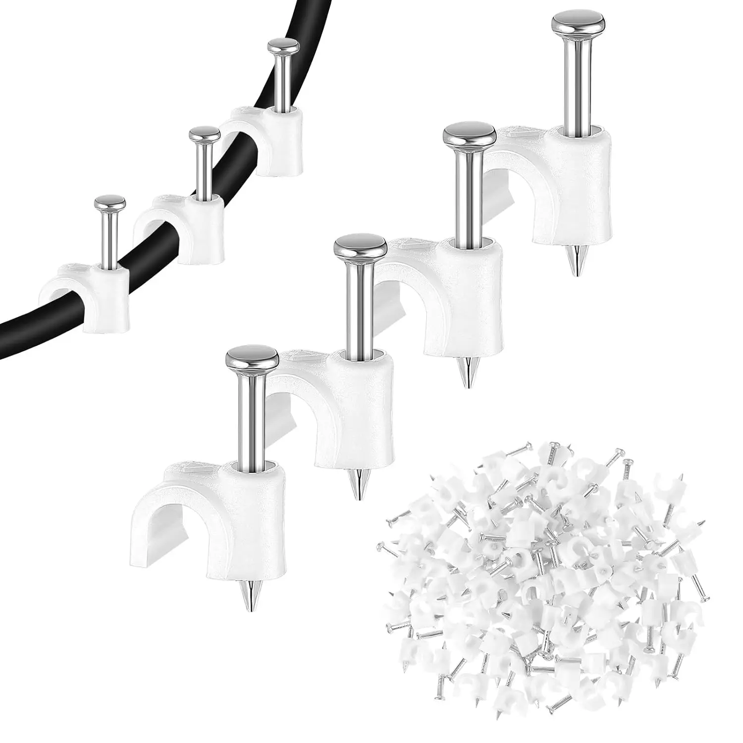 100 Pack Cable Clips with Steel Nails, 4mm White Round Wire Clips, Ethernet Coaxial Cable Clip Cord Clip for Wires on Wall Cables Management Organizer