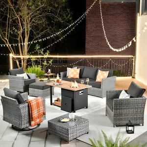 OVIOS BRS 10-Piece Outdoor Patio Furniture Set with 42" Fire Pit Table & Swivel Chairs, All-Weather Wicker Sofa Set with Cushions, Partially Assembled for Backyard Patio Deck Garden Outdoor Seating